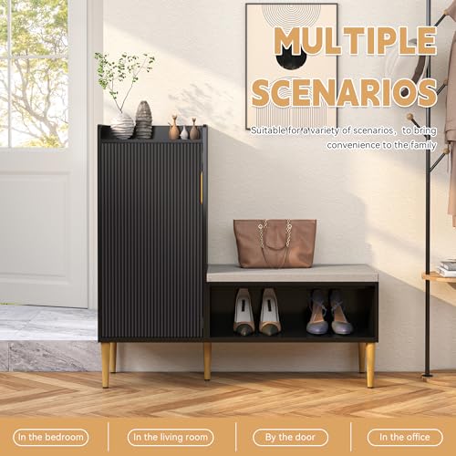 Storage Bench with Fluted Door&Shelf, Modern Entryway Bench with Padded Seat, L-Shaped Shoe Organizer Cabinet for Hallway, Living Room, Office, Black - color: Black