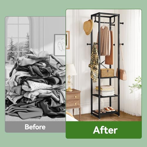 IBUYKE Coat Rack with Shelves, Freestanding Hall Tree with 3 Shelves and 8 Hooks, Industrial Clothes Stand for Entryway, Hallway, Bedroom, Black UTMJ088B - color: Black
