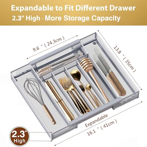 Sedegn Silverware Organizer Metal Mesh, Drawer Organizer, Utensil Cutlery Tray Expandable Flatware Organizer with 7 Compartment Silver 9.6"~16.1" x 13.8" - color: Silver, size: Expandable 9.6"~16.1" x 13.8"