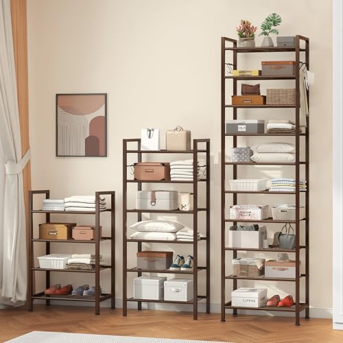 usikey 10 Tiers Narrow Shoe Rack 20-30 Pairs, Sturdy Metal Tall Shoe Rack Shelf with 4 Hooks, Slim Shoe Storage with Metal Shelf, Space Saving Vertical Shoe Organizer for Entryway Bronze UNYXJX018A - color: 10 Tier ( 17.9 X 11 X 69.2 Inches)-bronze