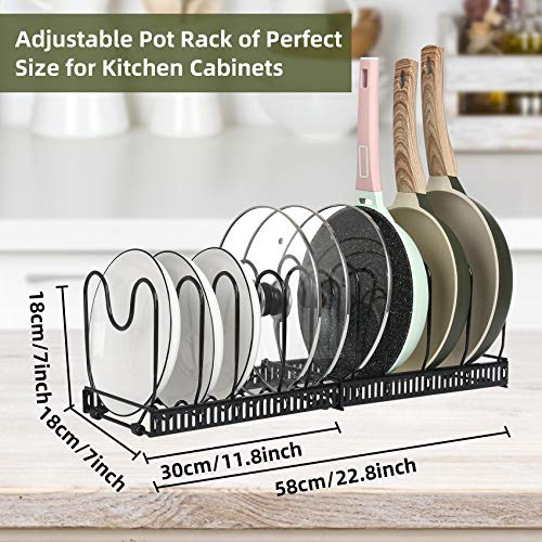 ROOHUA Pot Rack -Expandable Pan Organizer for Cabinet, Lid Holder with 10 Adjustable Compartment for Kitchen Cabinet Cookware Baking Frying Rack - color: Black