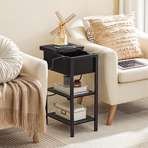 HOOBRO Side Table, Flip End Table with Charging Station and Shelves, USB Ports & Power Outlets, Narrow Nightstand for Small Spaces, Stable and Sturdy, for Living Room, Black BK341BZ01 - color: Black