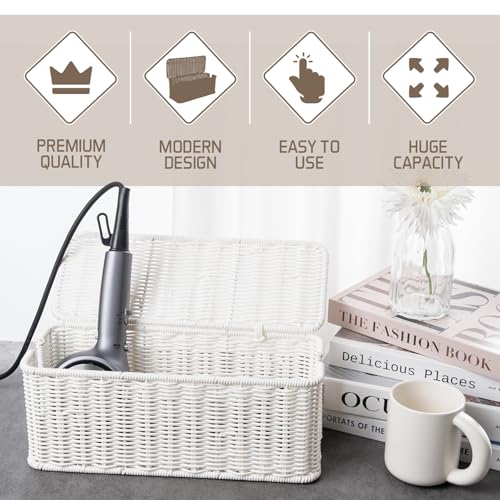 Cable Management Box, Handmade Rattan Cable Organizer with 2 Open Slots, Cord Hider for Power Strip, Router & USB Hub, Registered U.S. Design Patent (D1,112,102), 13" x 5.1" x 5.1", White - color: White, style: Rectangle