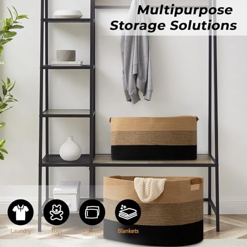 danpinera Large Woven Basket, 108L Large Blanket Basket for Living Room, Nursery, Cotton Woven Hamper for Toy Organizing & Laundry, 25’’*16’’*16’’ Gradient Linen - color: Gradient linen, size: 108L