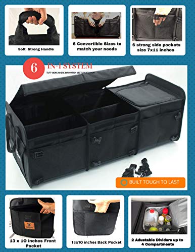 Tuff Viking Convertible Large 3 Compartment SUV Trunk Organizer with Cover | Truck Bed Organizer | for Trucks, Cars, SUVs and Groceries with Tie Down Straps. (6 in 1 with Cover, Black) - color: Black, size: 6-in-1 with Cover