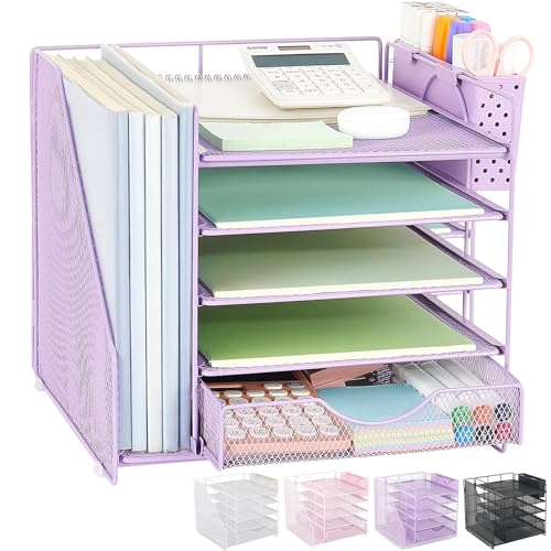 Desk Organizer with Drawer and Pen Holder, 5-Tier Paper Letter Tray Organizer with File Holder, Suitable for Workspace Organizer Office Supplies Storage (Purple) - color: Purple