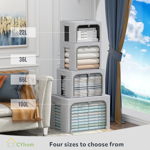 CYhom Clothes Storage Bins Box - Foldable Stackable Container Organizer Set with Clear Window & Carry Handles & Metal Frame - 2Pack Large Capacity for Bedding, Blankets, Books - color: Light Grey, size: Small-22L