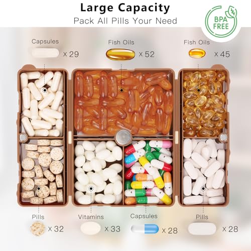 FYY 2 Pcs Daily Pill Organizer, 7 Compartments Portable Pill Case Travel Pill Organizer,[Folding Design] Pill Box for Purse Pocket to Hold Vitamins,Cod Liver Oil,Supplements and Medication-Brown - color: Brown, size: Large (1 Piece), Small (1 Piece)