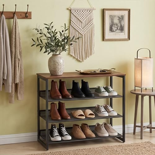 Garden 4 you Shoe Rack for Entryway 4 Tiers 11.8" D x 25" W x 28" H, Metal Shoe Rocks with Brown Wooden Tabletop, Angled Shoes Rack with Adjustable Mesh Shelves for Entryway Hallway Closet - color: Rustic Brown, size: 4-Tiers