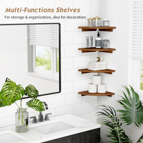 Forbena Walnut Brown Floating Corner Shelves for Wall 4-Pack, Small Corner Wall Shelves for Kids Room, Cute Wooden Hanging Corner Shelf for Bedroom Bathroom Decor, Living Room, Small Spaces - color: 2. Walnut, size: 10" Depth