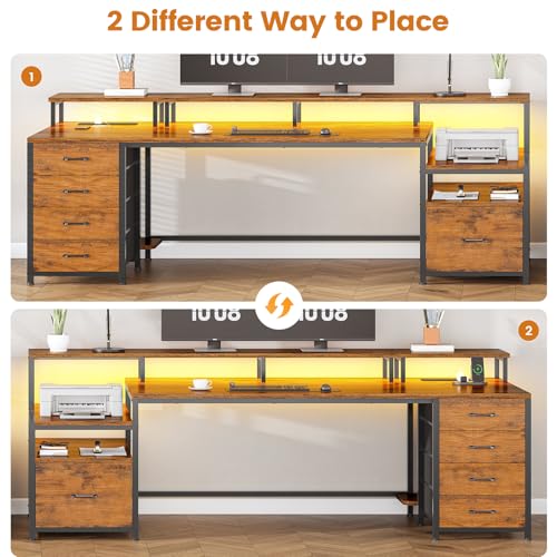 SEDETA Home Office Desk with File Drawer & Power Outlet, 75'' Large Computer Desk with 5 Drawer, Storage Shelves, Monitor Shelf and Led Lights, 23.6" W Desktop Gaming Desk, Rustic Brown - color: Rustic Brown, size: 75X23.6inch