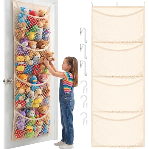 Wide Over The Door Stuffed Animal Storage, Cotton Toy Organizer for Plush Toys, Baby Supplies, Stuffed Animal Holder with 4 Large Pockets, Hanging Door Organizer for Nursery, Bedroom, Kids Room - color: Beige, size: Widen