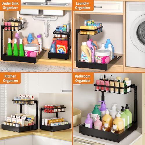 CAWIU 2-Pack Expandable Under Sink Organizers and Storage, 2-Tier Adjustable Pull-Out Cabinet Organizers, Slide-Out Shelves with Width (9.9"-15.7") & Height (11.6"-15.6") for Kitchen & Bathroom