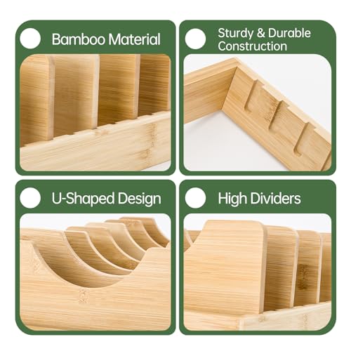Pan Organizer Compatible with Caraway, Pots and Pans Organizer Under Cabinet, Bamboo Pot Lid Organizers with Adjustable Dividers, U-Shaped Lid Slots, Ideal for Kitchen Countertop and Cabinet Storage