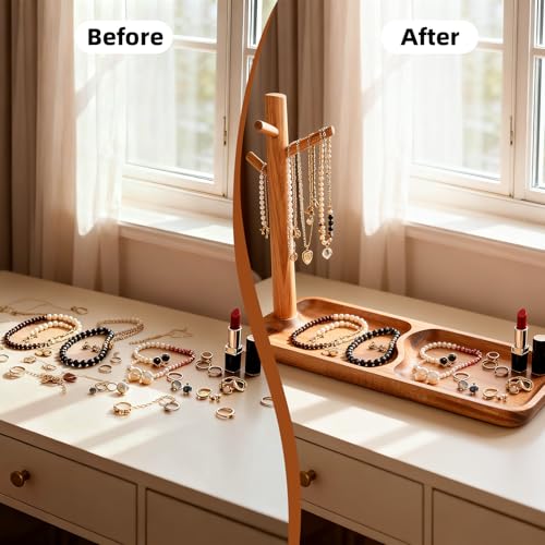Acacia Wood Key Tray for Entryway Table, Wooden Catchall Organizer with Jewelry Storage Rack, Valet Tray for Keys Wallet Watches Sunglasses Rings(Rectangle) - style: Rectangle