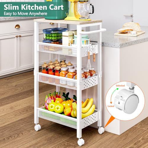 Vivihomety Utility Slim Storage Cart with Wheels, 4 Tier Small Rolling Cart with Wood Top, Metal Kitchen Bathroom Laundry Room Organization Trolley with Handle for Narrow Space - White - color: White, size: 8.1 inch wide