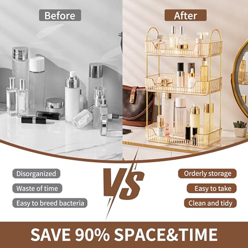 YCIA&DONE Bathroom Organizer Countertop, Makeup Storage, Skincare Cosmetic Tray Shelf, Perfume Holder Rack for Vanity Counter, Large Capacity, Easy to Install, Clean, 3 Tiers, Amber Gold - color: Amber Gold, size: 3-Tier