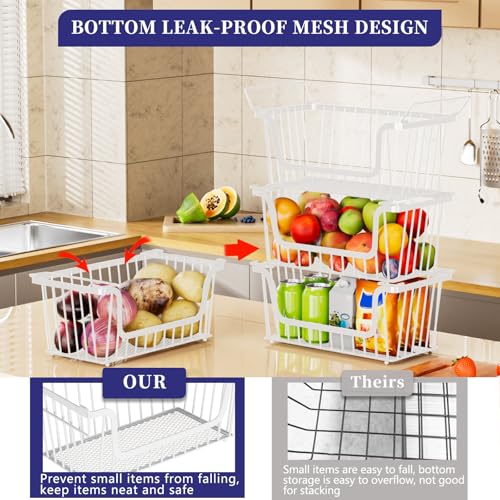 5 Pack Enhanced Leak-Proof Bottom Stackable Wire Baskets, Pantry Organizers and Storage, pantry storage，Shelf Baskets, Fruit Basket, Potato and Onion Storage Bins，(White) - color: 5Pack-White Baskets