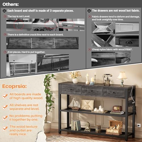 Ecoprsio 47'' Entryway Table with Outlets and USB Ports, Console Table with 3 Drawers, Sofa Table Narrow Long with Storage Shelves for Living Room, Couch, Hallway, Foyer, Kitchen Counter, Grey - color: Grey Oak, size: 47-In