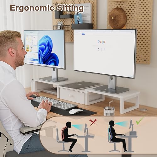 LAND·VOI Heavy Duty Dual Monitor Stand, Holds 2 Screens Up to 27 Inches, Adjustable Length and Angle Monitor Riser, Desk Organizer with Side Pockets and Drawers, Home Office Desk Storage, White - color: White, size: Separate-Type