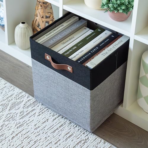 OrganiHaus 12" x 12" x 12" Fabric Storage Bins - Set of 4, Cube Canvas Organizer Bins with Vegan Handles, Kallax Storage Cubes, Cubbies Organizer Boxes, 12 Inch Cubic Baskets for Shelves - Grey/Black - color: Gray Base / Black, size: (12x12) Leather Handl