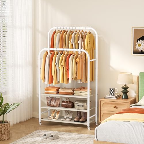 HOMIDEC Double Rods Clothes Rack Clothing Rack with 3 Tier Storage Shelves Clothes Rack for Hanging Clothes Multifunctional Heavy Duty Clothes Organizer for Bedroom,Wardrobe Closet,Shop,White - color: White