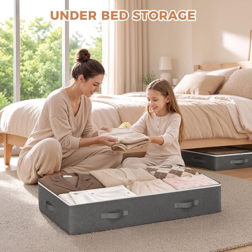 Budding Joy 60L Under Bed Storage Containers, Storage Bins with Clear Lids, Foldable Closet Organizers for Clothes, Blankets, Shoes, Bed Sheets, Comforter, Wrapping Paper, Home Dorm Storage