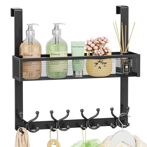 SWTYMIKI Over The Door Hook with 16 Hooks & Mesh Baskets - Heavy Duty Over The Door Organizer Hanger for Towels, Coats, Clothes - Space Saving Hanging Rack for Bathroom, Living Room, Black - color: Black-1 Basket
