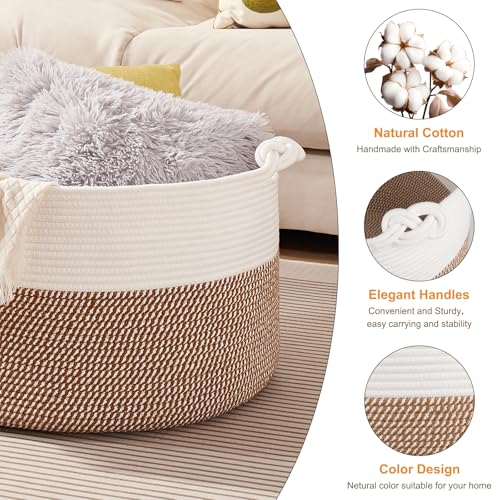 OIASKET Large Blanket Storage Basket for Living Room, 22.8" x 22.8" x 13" Woven Cotton Rope Basket with Handles, Baby Toy Storage, Laundry Hamper for Clothes, Pillows, Towels-Yellow and White - color: Yellow & White, size: 90L
