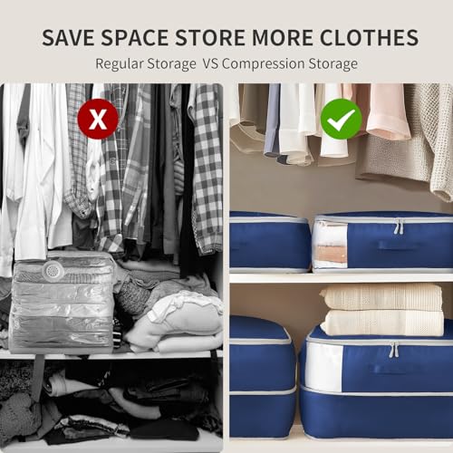 DIMJ Comforter Storage Bag 4 Pack - Blanket Storage Organizer Compression Bags, Large Capacity Ultra Space Saving Self Compression Organize for Bedding, Pillow, Duvet, Sheet Storage with Zipper Window - color: Navy Blue, size: 66L x 4 Pack