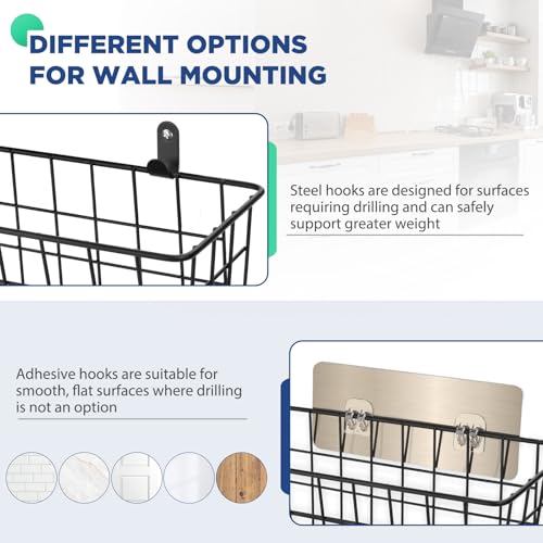 4 Pack Hanging Wall Basket Wire Storage Baskets, Adhesive Basket for Cabinet Door Organizer(2 Wall Mounting Options), Hanging Fruit Baskets for Kitchen, Pantry Organization, Bathroom, Black - style: 2 Installations, 4pack