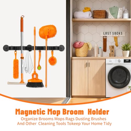 Magnetic Broom Holder Wall Mount with 4 Hooks and 5 Rack- Heavy Duty Non-Slip Mop Hanger for Wet Mops&Cleaning Tools on Refrigerator,Metal Door,Garage,Kitchen,Laundry Room