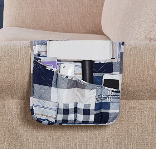 Brilliant Sunshine Multi Blue Plaids and Stripes Patchwork Sofa Armrest 5 Pockets Organizer, Slip Resistant Armchair Caddy, Washable Remote Controls Holder, Storage for Magazine, Tablet, 35×13", Blue - color: Multi Blue