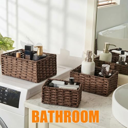 Small Wicker Basket for Organizing, Woven Storage Basket Set of 3 - Handwoven Natural Paper Rope Baskets to Declutter Any Room, Perfect for Organizing and Home Decor (Coffee) - color: Coffee