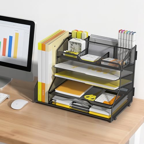 YINGHUA 5 Tier Paper Tray Letter Organizer with Top 6 Adjustable Compartments and File Holder - Paper Sorter Office Desktop Accessories with Handles for Document,Mail,School Supplies Storage,Black - color: 5 Tier With File Holder-black