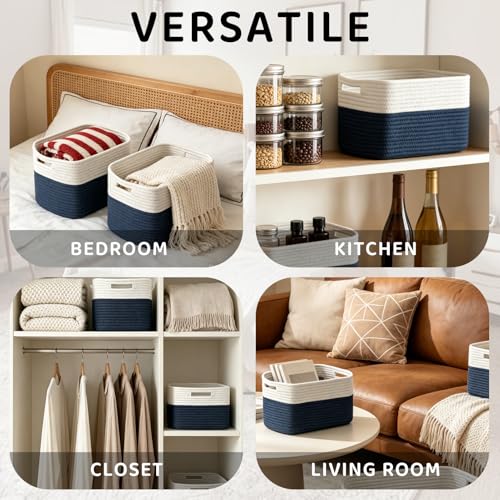 4 Pack Storage Baskets for Organizing, 12''Lx9''Wx8''H Woven Baskets for Storage Toys, Towels, Books, and Clothes, Cotton Rope Basket for Shelves with Handle - color: White & Navy blue