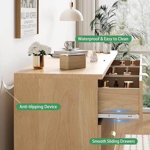 Fluted Dresser for Bedroom with 7 Drawers, 48" Wide Modern Chest of Drawers with Metal Handle, Wood Dresser TV Stand, Wooden Closet Clothes Storage Organizer for Living Room, Hallway, Natural Oak - color: Natural Oak, size: 15.6"D x 47.2"W x 30.5"H (7 Dra