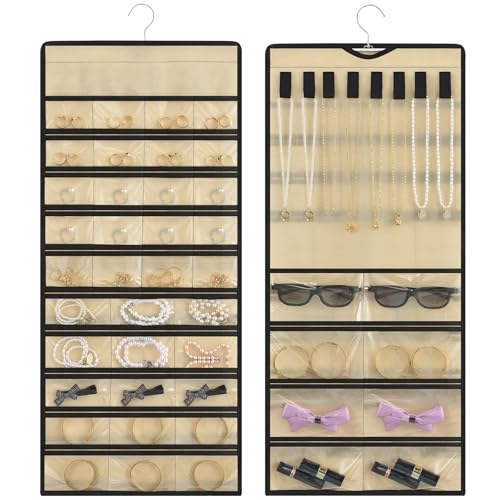 Hanging Jewelry Organizer – Jewelry Holder for Earrings, Necklaces, Rings – Closet Hanging Organizer & Travel hanging Jewelry Organizers for Women, Wall or Door Use, Day Gifts (Beige) - color: Beige