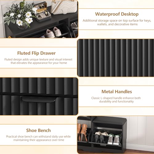 HUANLEGO Shoe Cabinet Storage for Entryway with 4 Flip Drawers, Black Fluted Shoe Cabinet with Bench, Wooden Hidden Shoe Rack Freestanding Narrow Slim Shoes Storage Organizer for Hallway, Entrance - color: Black, size: 4 Drawer with Bench