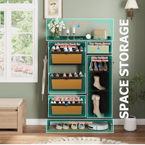 GarveeHome Shoe Cabinet Rattan with 3 Flip Drawers and 4-Tier Shoe Storage Cabinet, Freestanding Shoe Organizer with Adjustable Shelves for Entryway, Closet, Hallway - color: Dark Rustic Oak, size: 3-Drawers + 1-Door