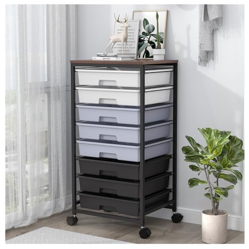 SYKIARIOL Rolling Cart with Drawers,Utility Cart With 8 Drawers and Wooden Tabletop for Living Room,Classroom,Bedroom,Bathroom,Dorm,Office,Dark Grey - color: Gray