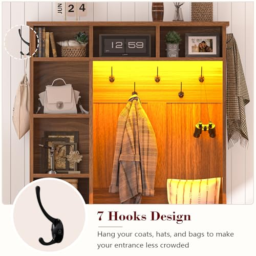 CSZZD Hall Tree with Bench and Shoe Storage, Farmhouse Entryway Bench with Coat Racks and Led Lights, Tall Hall Tree with 7 Coat Hooks, 6 Storage Cubbies, Adjustable Shelf - color: Caramel Oak, size: 39.4"