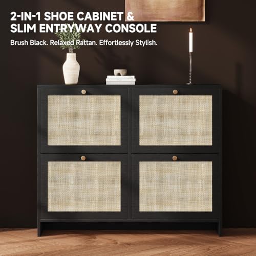 Nicetree Shoe Cabinet Storage for Entryway, 4-Flip Drawer Narrow Shoe Rack with Adjustable Shelves, Boho Modern Square Rattan Shoe Organizer, Slim Wood Storage Cabinets for Small Spaces Fits Size 13.5 - color: Black, style: 4 Flip Drawer - Classic Cane