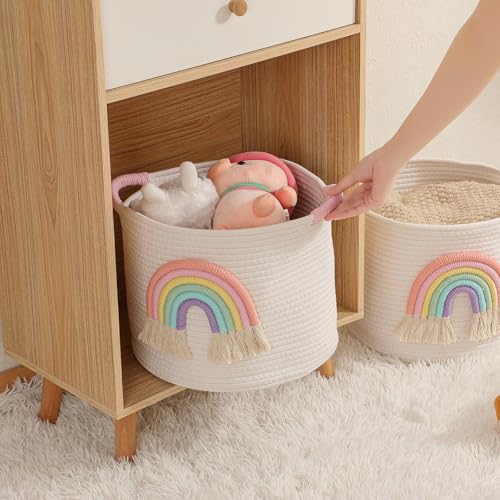 INough Toy Storage Baskets Woven Cotton Rope Storage Basket with Rainbow Decor for Kids, Blanket Baskets for Living Room Toys Organizer Rainbow Baby Gifts Basket with Handle for Girls Nursery Playroom - color: Multicolored