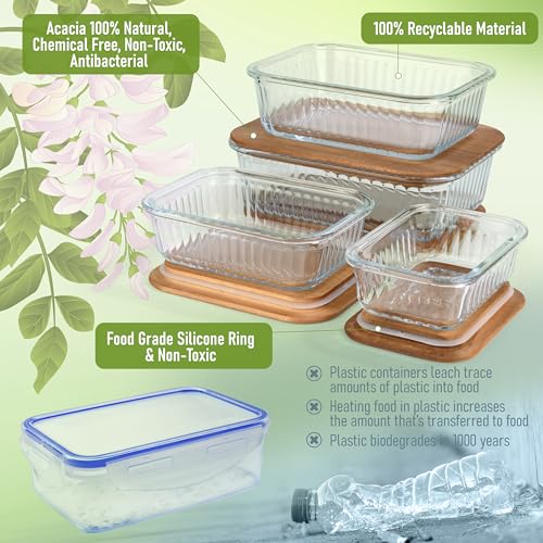 Set of 4 Stackable Space-Saving Nesting Glass Bowls with Airtight Acacia Lids for Lunch, Meal & Food Prep - Microwave & Oven-ready BPA Free Durable Heat Resistant Inert Borosilicate Glass - color: 4 Containers with Acacia Lids (Ribbed)
