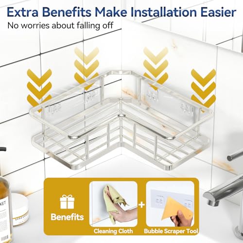 YASONIC Corner Shower Caddy Organizer, Self-Adhesive Rustproof Bath Shelves with Soap Holder & 4 Hooks, Large Capacity Shower Storage Rack for Bathroom Organization, (3Pack, Silver) - color: Silver, size: 3Pack
