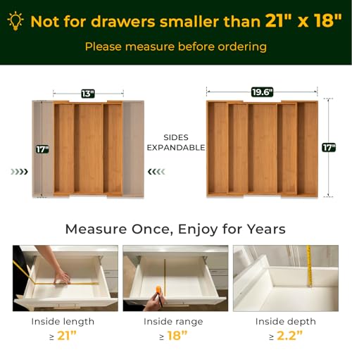 Carbonized Bamboo Kitchen Drawer Organizer, 5 Slots Expandable Silverware Organizer, Utensil Holder & Cutlery Tray, 2.2" Deep for Extra Capacity, Non-Slip Feet Included. - size: 5 Slots（Expandable）