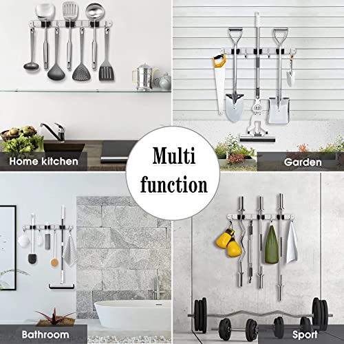 3 Racks and 4 Hooks Broom and Mop Holder Wall Mounted Garage Organizer Storage Tool Racks Stainless Steel Heavy Duty Hooks Self Adhesive Solid Non-slip Wall Hangers for Home Kitchen Garden Laundry - color: 3 Racks & 4 Hooks (Silver) - 1 Pack