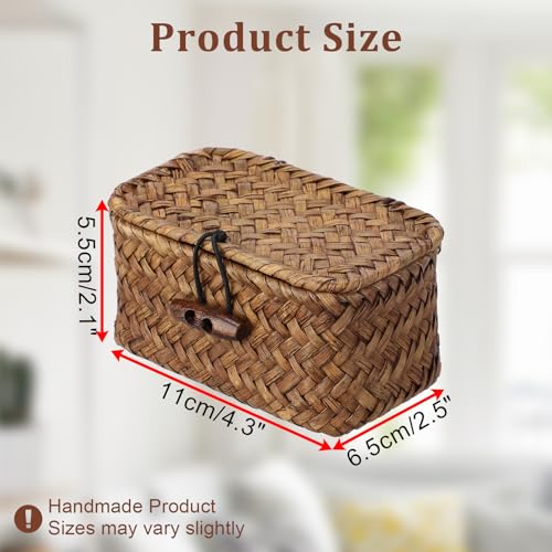Seagrass Basket Bin with Lid Mini Size Handwoven Wicker Storage Container Storage Basket Decorative Desktop Organizer for Shelf Bathroom Home Decor, 4.3"x2.5"x2.1" - size: 4.3"L x 2.5"W x 2.1"H