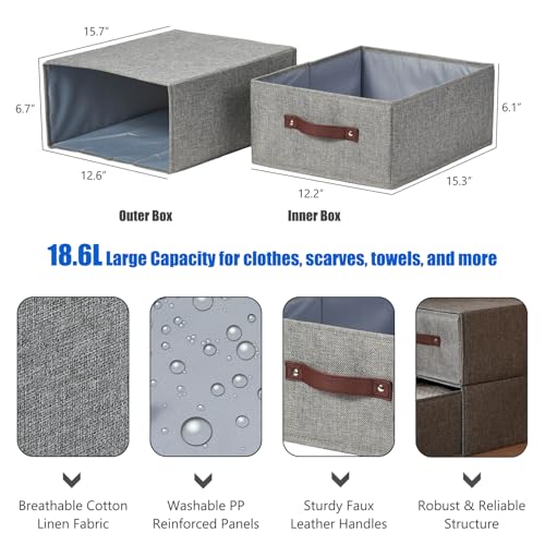 Closet Drawer Organizer Stackable Fabric Storage Boxes Bins Baskets with Lid PU Leather Handles Foldable Washable Cotton Linen Wardrobe Shelf Clothes Towels Container (Gray, Large) - color: Gray, size: Large ( Set of 1 )
